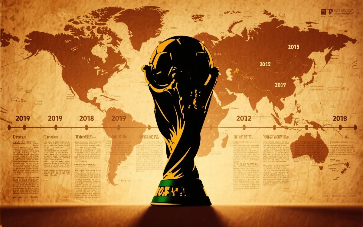 世界杯历史时间线与奖杯意象,复古报纸质感,全球地图背景