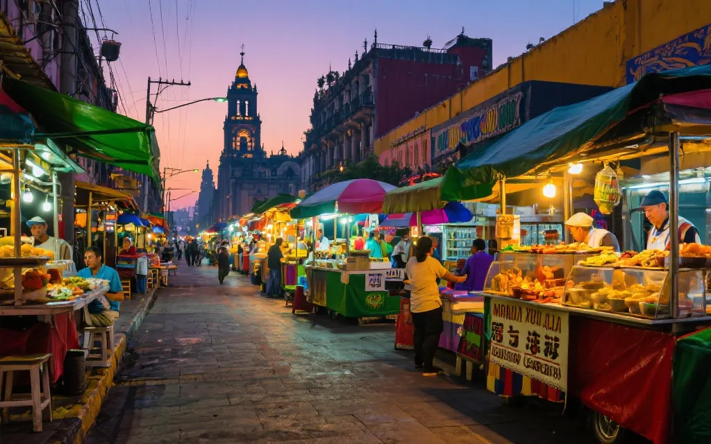 墨西哥城街头小吃摊与彩色街区的夜景氛围