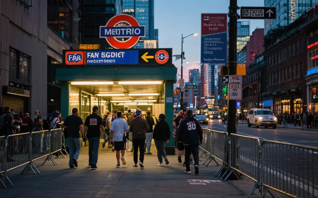 球迷从地铁口步行进入市中心球迷区的街景动线，路牌与人流分流带