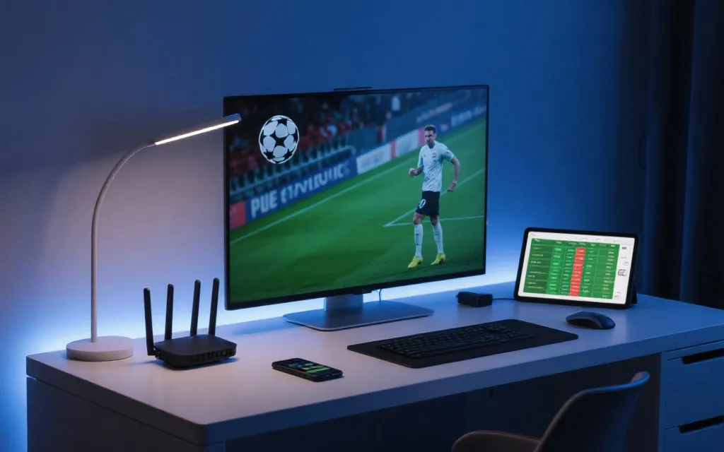 观赛前的设备与网络准备：路由器、电视、手机热点、平板第二屏，桌面整齐，夜晚氛围